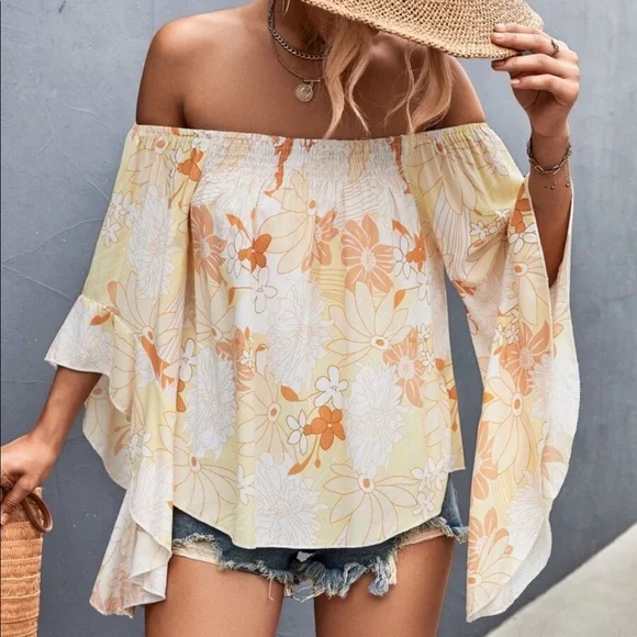 Boho Floral Print Off Shoulder Top Blouse - Picture 6 of 16